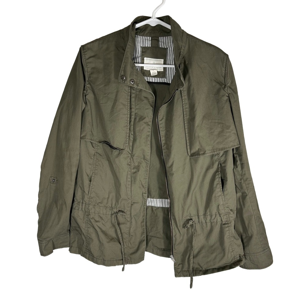 Caslon Olive Green Cotton Utility Jacket Funnel Neck Drawstring Waist Womens M
